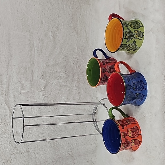 Set of 4 PIER ONE 1 Imports Coffee Colorful Owls Stackable Owl Mugs Tea Cups - Picture 2 of 8
